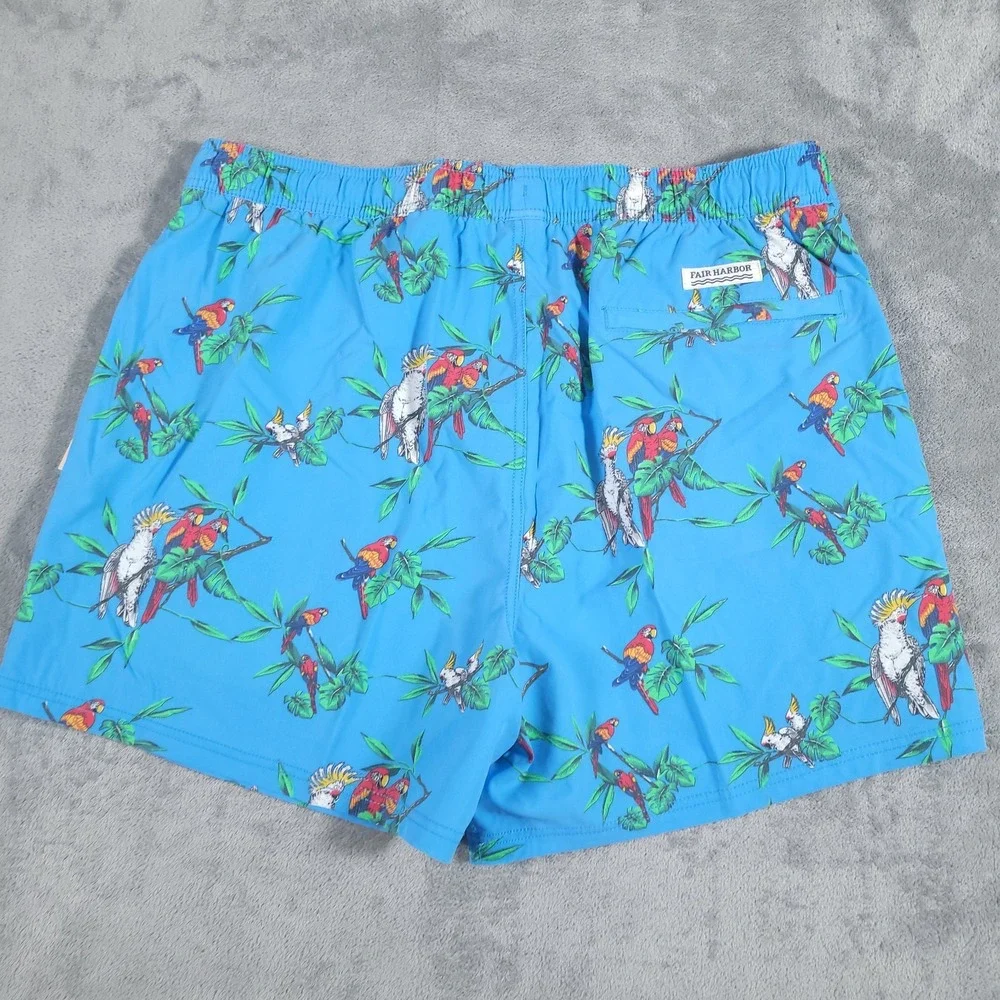 NEW Fair‎ Harbor Bungalow Short Mens 2X Blue Parrot Party Tropical Swim Trunks